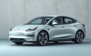 Un'illustrazione di un'auto elettrica in un contesto politico incerto, sfondo astratto e colori neutri.