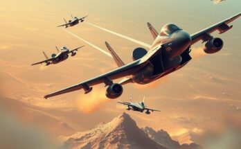 Une scène animée illustrant une intervention militaire moderne, avec des avions de combat survolant un paysage désertique.