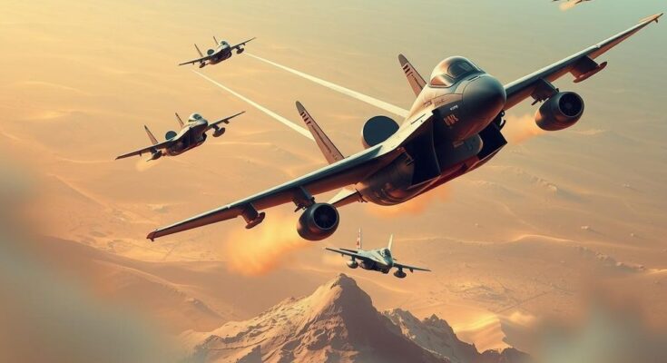 Une scène animée illustrant une intervention militaire moderne, avec des avions de combat survolant un paysage désertique.