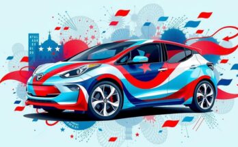 Simbol politik dan mobil listrik Tesla di latar belakang bendera berwarna-warni.