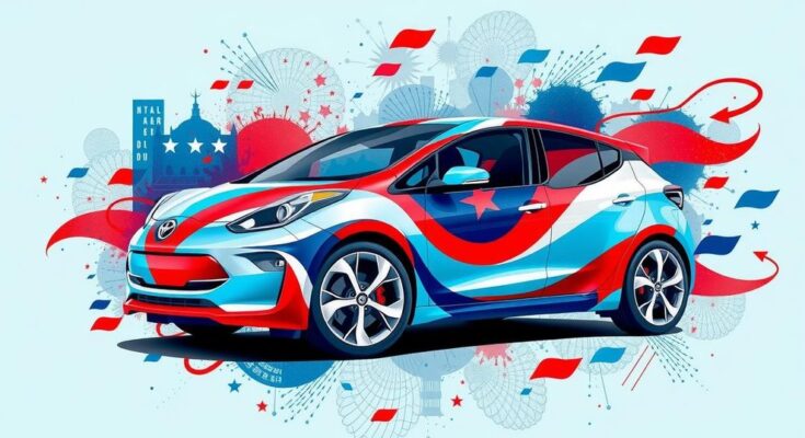 Simbol politik dan mobil listrik Tesla di latar belakang bendera berwarna-warni.