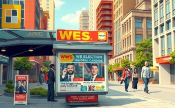 Ziar cu primele pagini despre candidatul la primăria New York, pe fundalul unui peisaj urban vibrant.