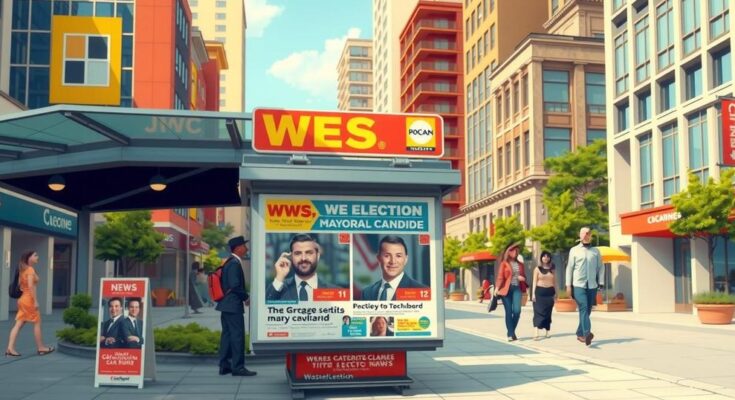Ziar cu primele pagini despre candidatul la primăria New York, pe fundalul unui peisaj urban vibrant.