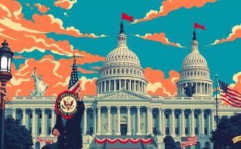 Scena politica americana con simboli di potere e governo, colori forti, stile pop