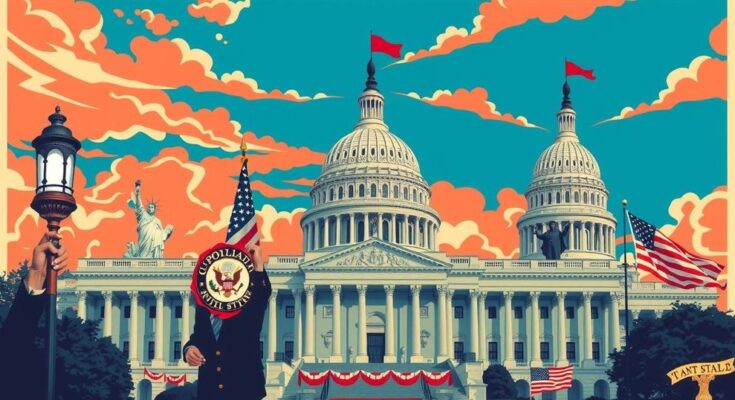 Scena politica americana con simboli di potere e governo, colori forti, stile pop