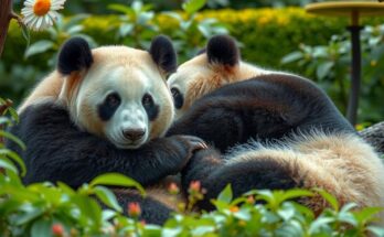 Due panda giganti nel loro habitat naturale circondato da foreste verdi, simbolo di pace e diplomazia tra nazioni.