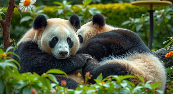 Due panda giganti nel loro habitat naturale circondato da foreste verdi, simbolo di pace e diplomazia tra nazioni.