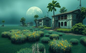 A conceptual artwork depicting a vast landscape with empty detention facilities surrounded by marshes and wildlife.