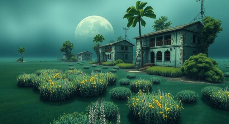 A conceptual artwork depicting a vast landscape with empty detention facilities surrounded by marshes and wildlife.