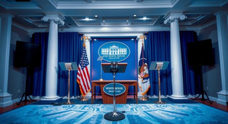 Salle de presse de la Maison Blanche avec micro et drapeaux en arrière-plan, atmosphère politique.