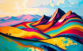 Paesaggio astratto con colori vivaci che simboleggiano i concetti di genere e identità, in stile contemporaneo.