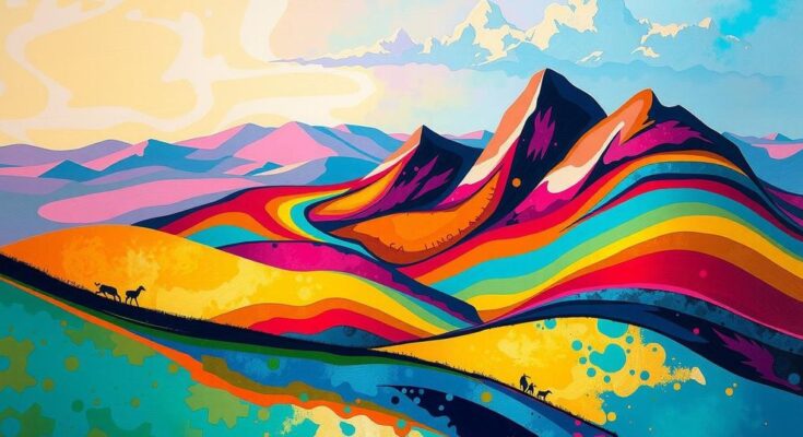 Paesaggio astratto con colori vivaci che simboleggiano i concetti di genere e identità, in stile contemporaneo.