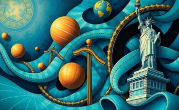 Tariffe commerciali e economia rappresentate con simboli di libertà e commercio in un'illustrazione astratta.