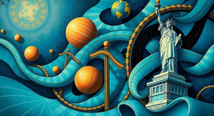 Tariffe commerciali e economia rappresentate con simboli di libertà e commercio in un'illustrazione astratta.