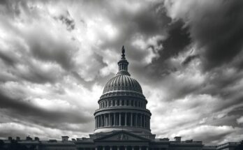 A silhouetted Capitol building with dramatic clouds, showcasing economic tension and political dialogue.