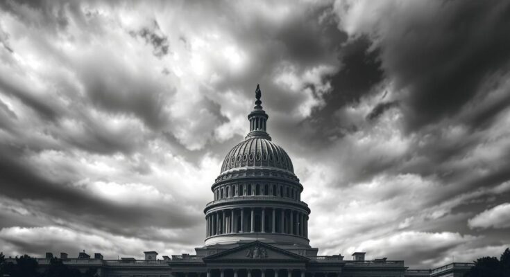 A silhouetted Capitol building with dramatic clouds, showcasing economic tension and political dialogue.