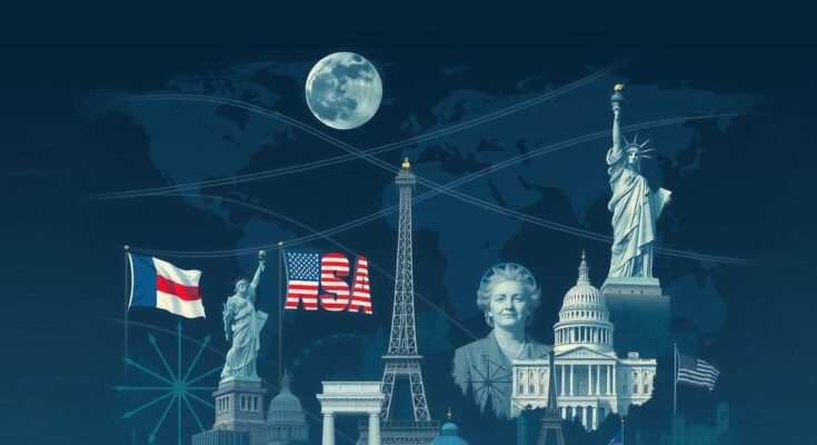 Pemandangan artistik yang menggambarkan kekuatan politik global dengan tema konservatif.
