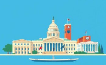 Scenari della burocrazia americana con edifici governativi sotto cielo blu, colori vivaci e atmosfera minimalista.