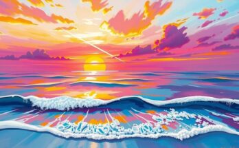 Seascape with colorful sunset and abstract waves in pastel colors.