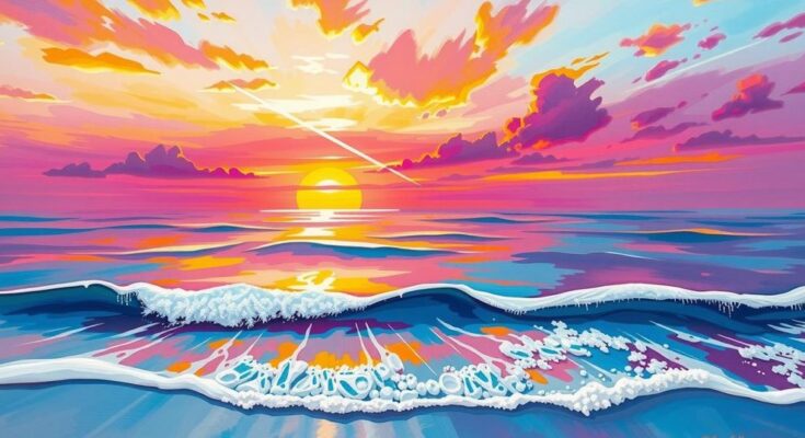 Seascape with colorful sunset and abstract waves in pastel colors.