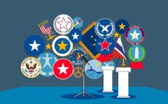 A symbolic representation of military press conferences with a strong focus on communication and defence themes.