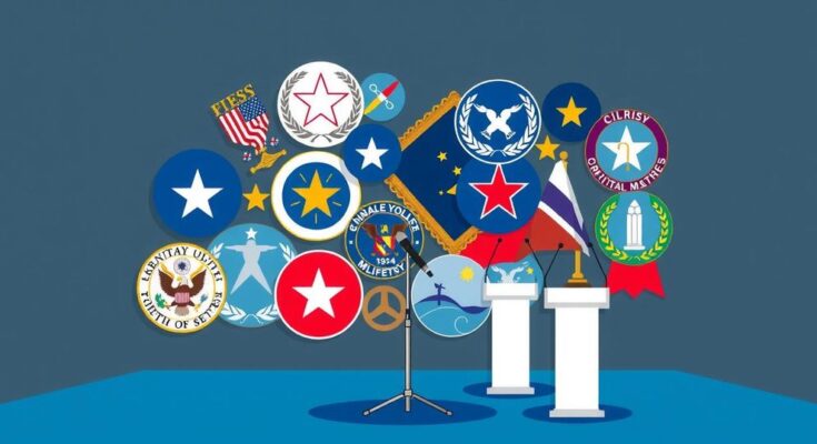 A symbolic representation of military press conferences with a strong focus on communication and defence themes.