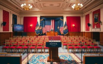 The White House East Room prepared for a political event with flags and chairs set up.