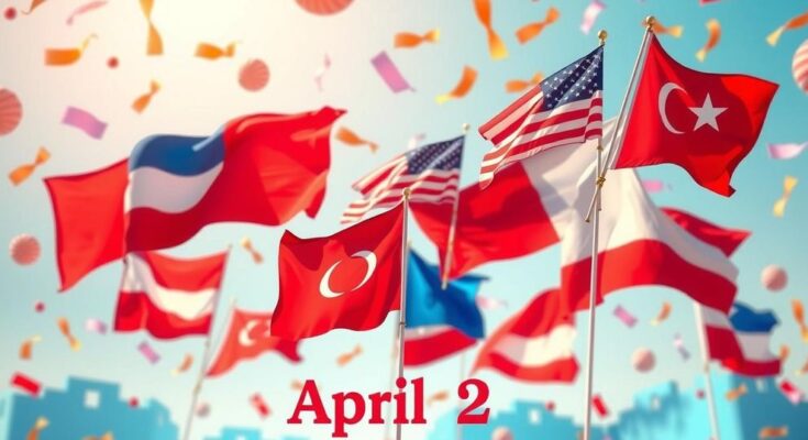 Ceremony with flags on April 2 symbolizing freedom and trade policy changes, bright colors and celebratory style.