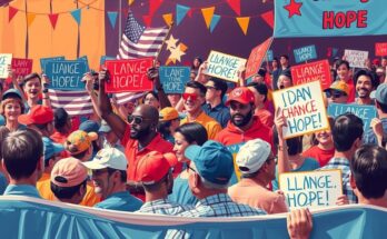 A vibrant political rally scene featuring diverse supporters, banners, and colourful decorations celebrating democracy and change.