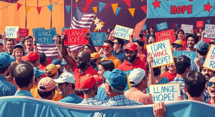 A vibrant political rally scene featuring diverse supporters, banners, and colourful decorations celebrating democracy and change.