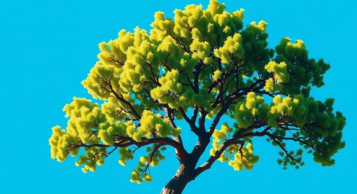 Pohon dengan daun hijau subur di latar biru, melambangkan diskusi politik dalam suasana Twitter yang aktif.