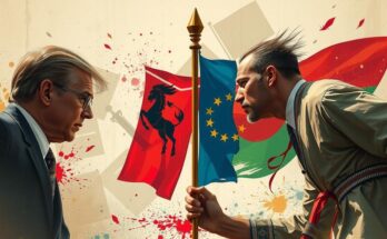 A tense political debate scene with abstract flags and neutral tones representing contrasting viewpoints.