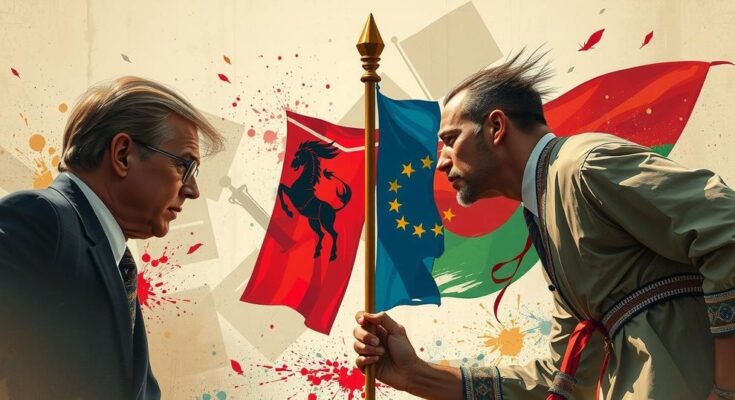 A tense political debate scene with abstract flags and neutral tones representing contrasting viewpoints.
