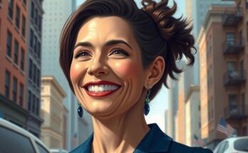 Zohran Mamdani, jeune homme politique, souriant avec un fond urbain de New York en style réaliste et couleurs vives.