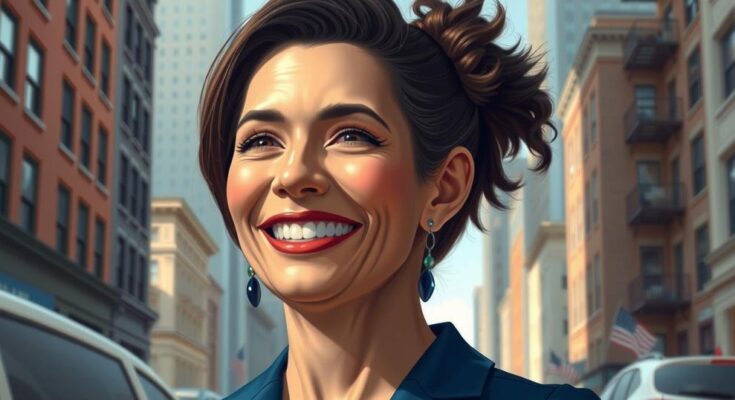 Zohran Mamdani, jeune homme politique, souriant avec un fond urbain de New York en style réaliste et couleurs vives.