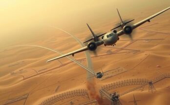 A military aircraft flying over a desert landscape with distant silhouettes of industrial structures under a cloudy sky.