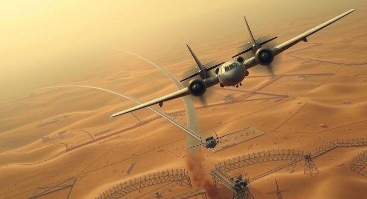 A military aircraft flying over a desert landscape with distant silhouettes of industrial structures under a cloudy sky.