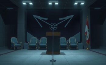 A gloomy military briefing room with a podium, flags, and a backdrop featuring a military insignia, reflecting tension and urgency.