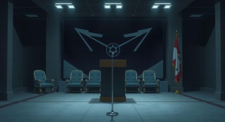 A gloomy military briefing room with a podium, flags, and a backdrop featuring a military insignia, reflecting tension and urgency.