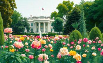 Giardino della Casa Bianca con fiori colorati e alberi, scenario di annuncio politico.