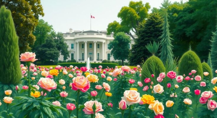 Giardino della Casa Bianca con fiori colorati e alberi, scenario di annuncio politico.