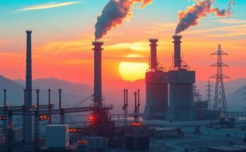 Rappresentazione concettuale di un futuro sviluppo industriale, con fabbriche e impianti elettrici moderni in un paesaggio.