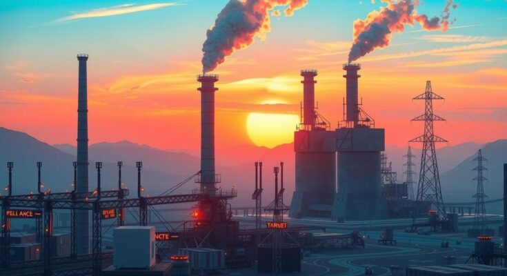 Rappresentazione concettuale di un futuro sviluppo industriale, con fabbriche e impianti elettrici moderni in un paesaggio.