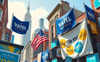 Une scène politique avec des symboles de campagne électorale à New York, sur fond de ciel ensoleillé.