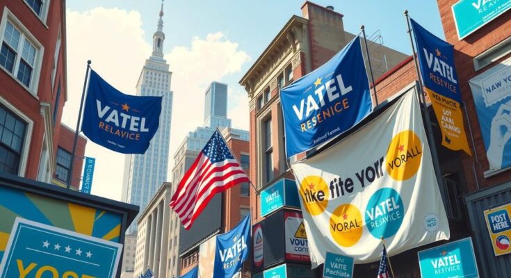 Une scène politique avec des symboles de campagne électorale à New York, sur fond de ciel ensoleillé.