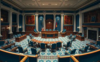Salle de réunion au Capitol avec décorations officielles, éclairage doux, sièges vides et ambiance sérieuse.