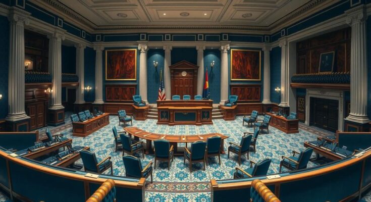 Salle de réunion au Capitol avec décorations officielles, éclairage doux, sièges vides et ambiance sérieuse.