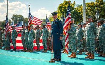 Soldiers in military uniforms at an event, showcasing patriotism with vibrant colors in a dynamic artistic style.