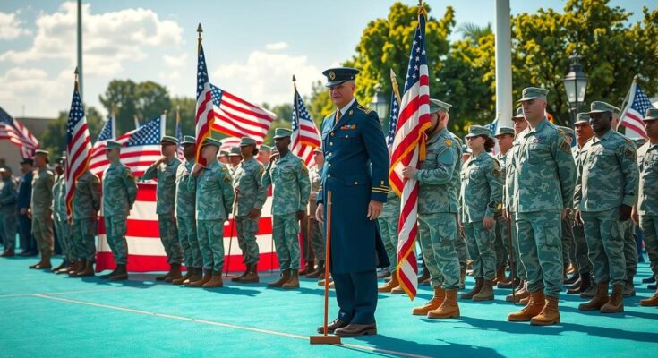 Soldiers in military uniforms at an event, showcasing patriotism with vibrant colors in a dynamic artistic style.