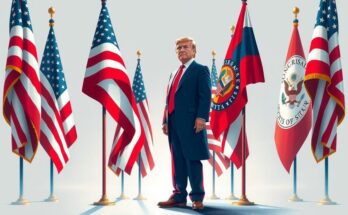 Portrait d'une déléguée au Congrès entourée de drapeaux symboliques, dans un style réaliste et des couleurs patriotiques.